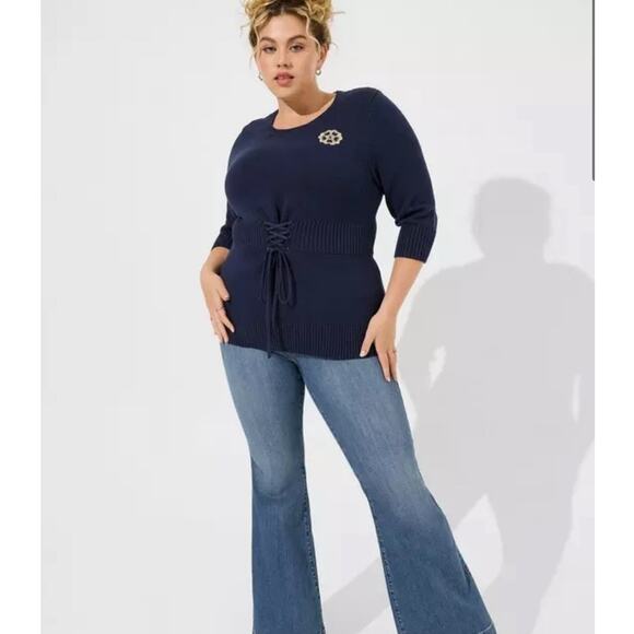 Torrid Outlander Sweater Women 2X Blue Lattice Front Quarter Sleeve Tunic - Picture 2 of 13